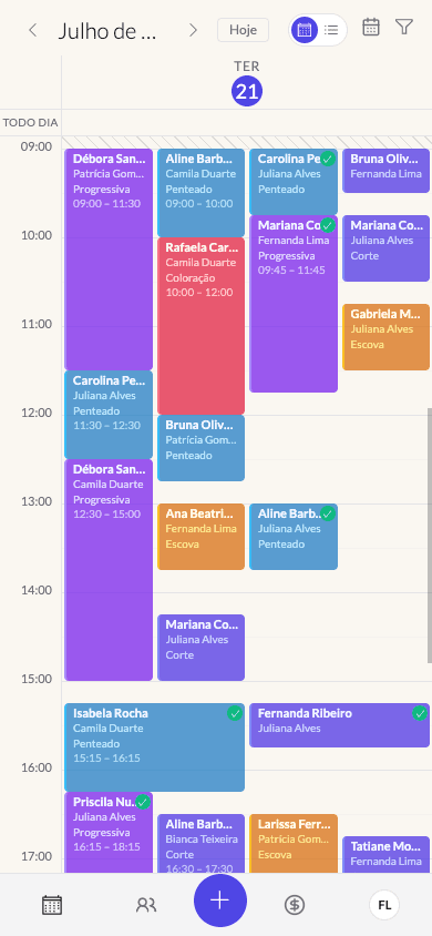 Agenda do Marcou! no celular, com agendamentos do dia coloridos por profissional