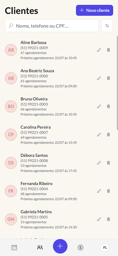Lista de clientes do Marcou!, com busca e próximo agendamento de cada um