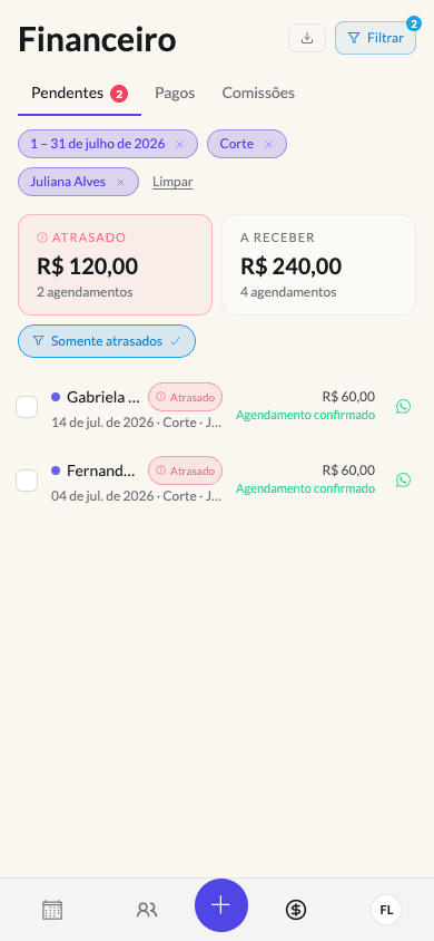 Tela financeira do Marcou! com valores atrasados e a receber