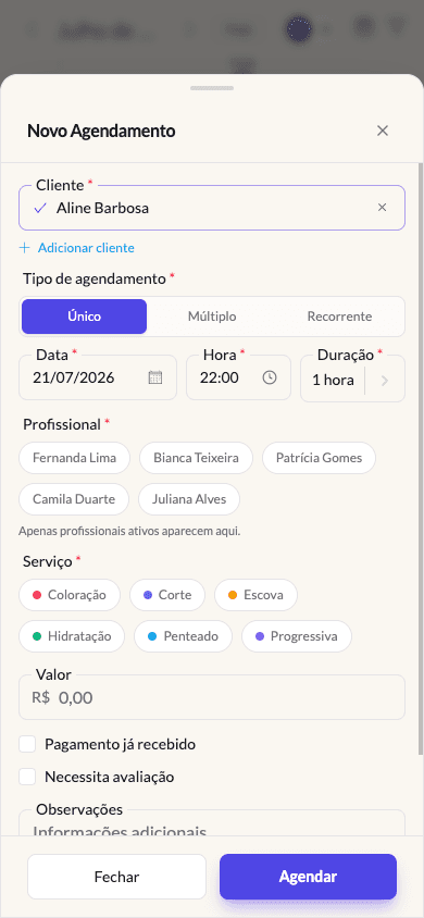 Modal de novo agendamento do Marcou!, com cliente, serviços, profissional e valor
