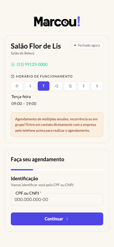 Página pública de agendamento do Marcou!, com horário de funcionamento e identificação por CPF